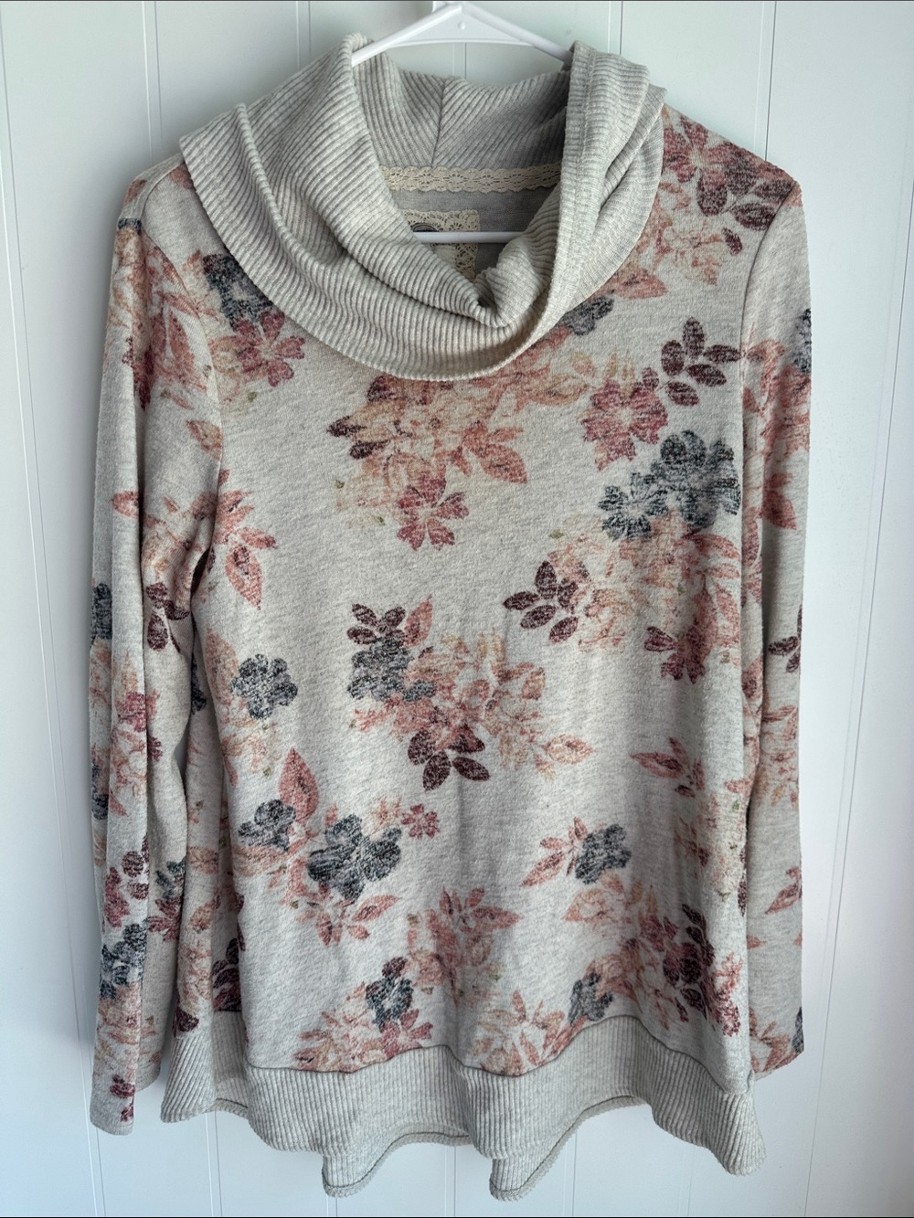 Cupio Cream Cowl Neck Sweater with Pink & Gray Floral Print